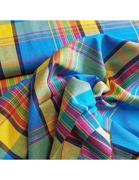 Tissu, Madras Multicolore, Bleu Jaune, Laize 140 cm, 100% Coton