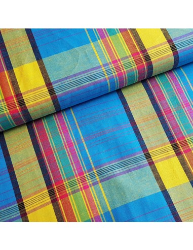 Tissu, Madras Multicolore, Bleu Jaune, Laize 140 cm, 100% Coton