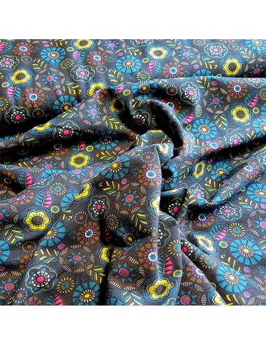Tissu, Jersey de Coton Imprimé Feuilles et Cercles, Bleu Marine, Laize 150 cm, Coton Bio Stretch Oeko-Tex