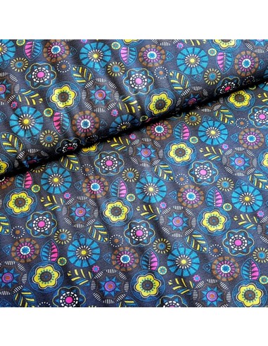 Tissu, Jersey de Coton Imprimé Feuilles et Cercles, Bleu Marine, Laize 150 cm, Coton Bio Stretch Oeko-Tex