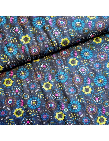 Tissu, Jersey de Coton Imprimé Feuilles et Cercles, Bleu Marine, Laize 150 cm, Coton Bio Stretch Oeko-Tex