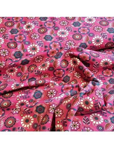 Tissu, Jersey Imprimé Feuilles et Cercles, Rose Fushia, Laize 150 cm, Coton Bio Stretch Oeko-Tex