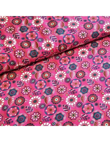 Tissu, Jersey Imprimé Feuilles et Cercles, Rose Fushia, Laize 150 cm, Coton Bio Stretch Oeko-Tex