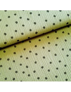 Tissu, Double Gaze Pois, Vert Kaki à Pois Noirs, Laize 140 cm, 100% Coton