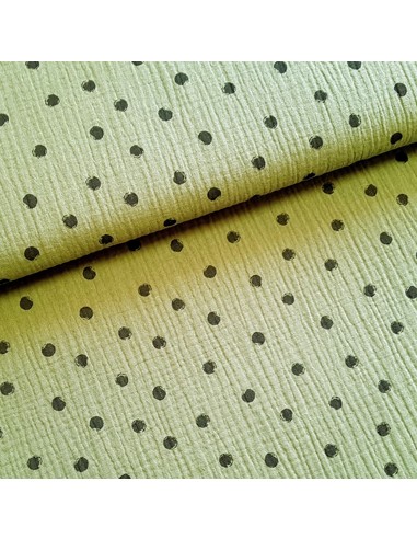 Tissu, Double Gaze Pois, Vert Kaki à Pois Noirs, Laize 140 cm, 100% Coton