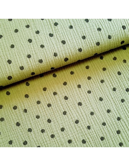 Tissu, Double Gaze Pois, Vert Kaki à Pois Noirs, Laize 140 cm, 100% Coton
