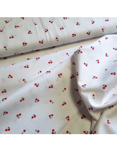 Tissu, Popeline de Coton, Cerises Rouges sur Écru, Laize 150 cm, 100% Coton 110g/m²