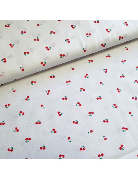 Tissu, Popeline de Coton, Cerises Rouges sur Écru, Laize 150 cm, 100% Coton 110g/m²