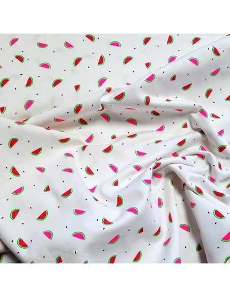 Tissu, Jersey, Motif Pastèques sur Fond Blanc, Laize 150 cm, Coton Stretch Oeko-Tex
