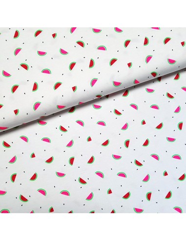 Tissu, Jersey, Motif Pastèques sur Fond Blanc, Laize 150 cm, Coton Stretch Oeko-Tex
