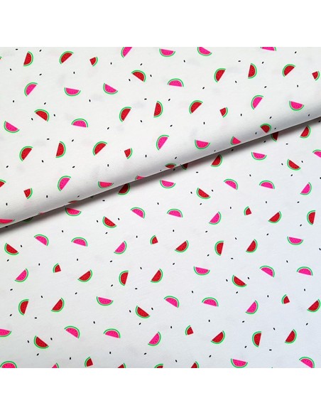 Tissu, Jersey, Motif Pastèques sur Fond Blanc, Laize 150 cm, Coton Stretch Oeko-Tex