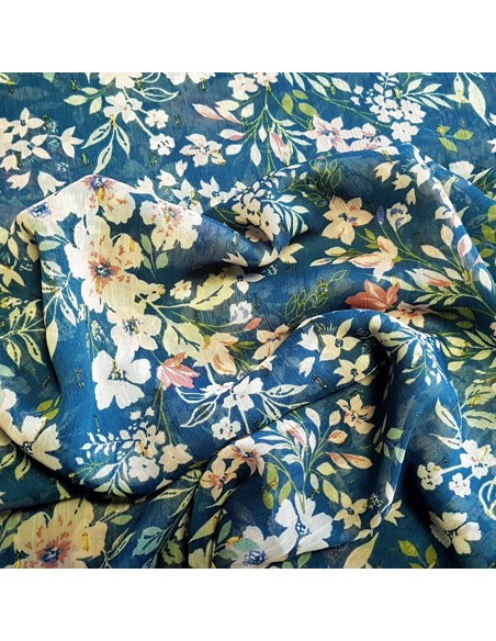 Tissu, Mousseline Fleurie Lurex, Vert Émeraude, Laize 150 cm, 100% Polyester