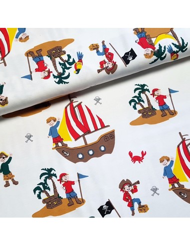 Tissu, Jersey de Coton Imprimé Pirates, Fond Blanc, Laize 150 cm, Coton Stretch Oeko-Tex