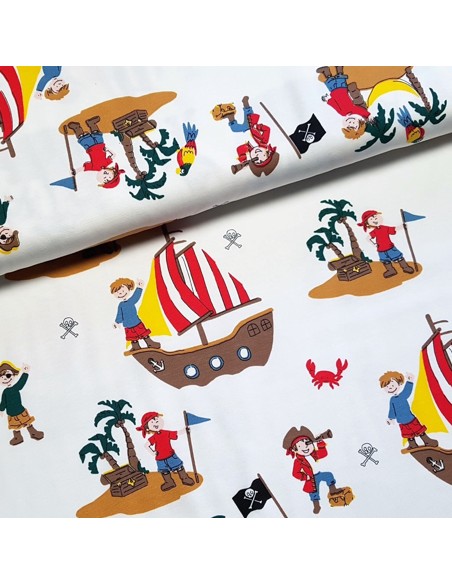 Tissu, Jersey de Coton Imprimé Pirates, Fond Blanc, Laize 150 cm, Coton Stretch Oeko-Tex