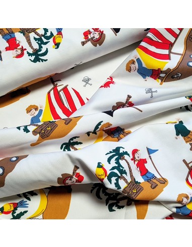 Tissu, Jersey de Coton Imprimé Pirates, Fond Blanc, Laize 150 cm, Coton Stretch Oeko-Tex