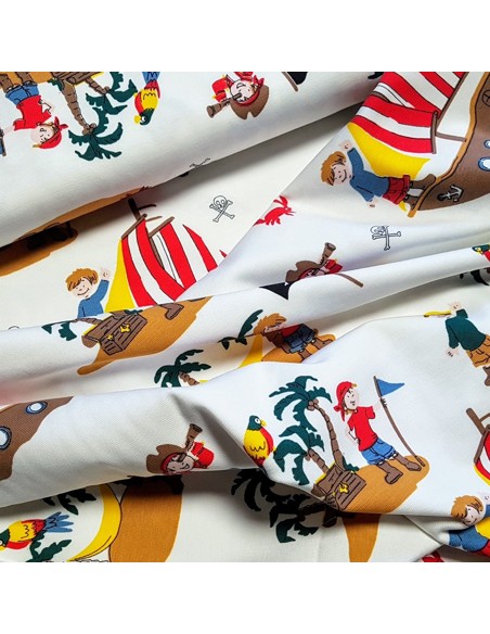 Tissu, Jersey de Coton Imprimé Pirates, Fond Blanc, Laize 150 cm, Coton Stretch Oeko-Tex
