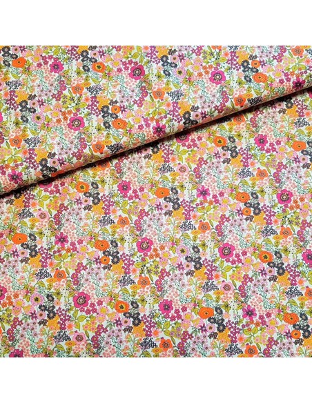 Tissu, Popeline de Coton Impression Digitale Fleurie, Roses Orange, Laize 150 cm, 100% Coton 75g/m²