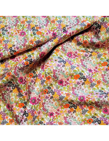 Tissu, Popeline de Coton Impression Digitale Fleurie, Roses Orange, Laize 150 cm, 100% Coton 75g/m²