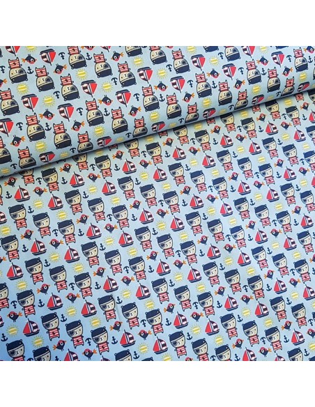 Tissu, Popeline de Coton Ours Pirates, Bleu Ciel, Laize 150 cm, 100% Coton 120g/m²