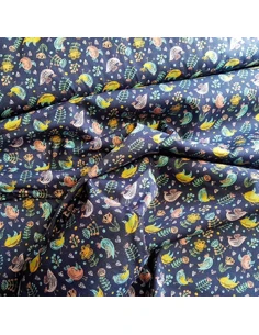 Tissu, Popeline de Coton Oiseaux Mignons, Bleu Marine, Laize 150 cm, 100% Coton 120g/m² 2