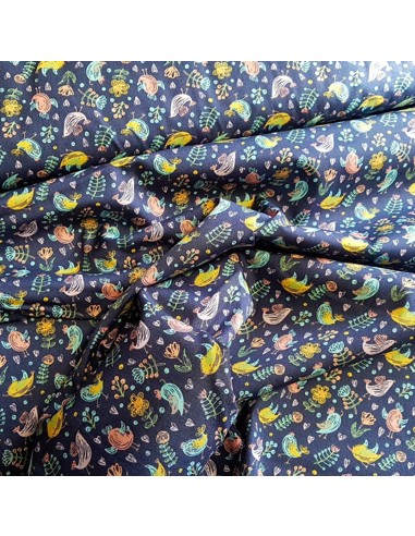 Tissu, Popeline de Coton Oiseaux Mignons, Bleu Marine, Laize 150 cm, 100% Coton 120g/m²