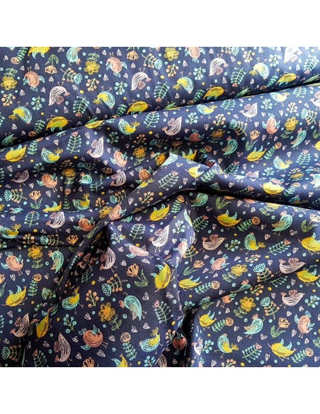 Tissu, Popeline de Coton Oiseaux Mignons, Bleu Marine, Laize 150 cm, 100% Coton 120g/m²