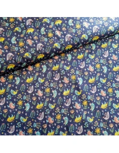 Tissu, Popeline de Coton Oiseaux Mignons, Bleu Marine, Laize 150 cm, 100% Coton 120g/m²