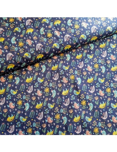 Tissu, Popeline de Coton Oiseaux Mignons, Bleu Marine, Laize 150 cm, 100% Coton 120g/m²