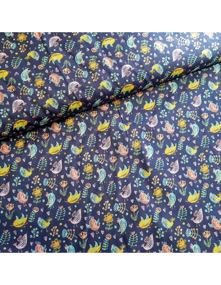 Tissu, Popeline de Coton Oiseaux Mignons, Bleu Marine, Laize 150 cm, 100% Coton 120g/m²