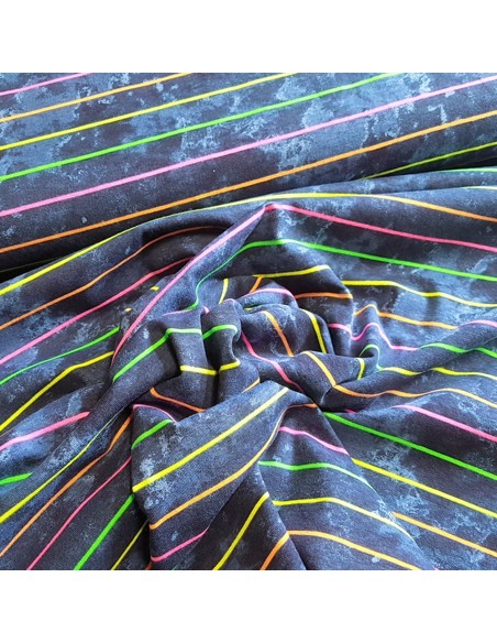 Tissu, Jersey de Coton Imprimé Rayures Fluo, Bleu Marine et Fluo, Laize 150 cm, Coton Stretch Oeko-Tex