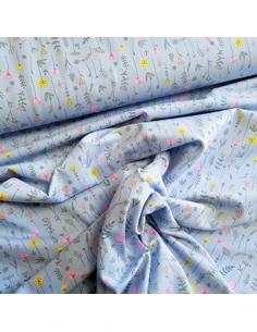 Tissu, Jersey de Coton Imprimé Fleurs, Bleu Ciel Champêtre, Laize 150 cm, Coton Stretch Oeko-Tex 2