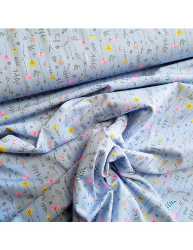 Tissu, Jersey de Coton Imprimé Fleurs, Bleu Ciel Champêtre, Laize 150 cm, Coton Stretch Oeko-Tex
