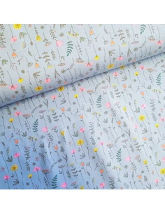 Tissu, Jersey de Coton Imprimé Fleurs, Bleu Ciel Champêtre, Laize 150 cm, Coton Stretch Oeko-Tex