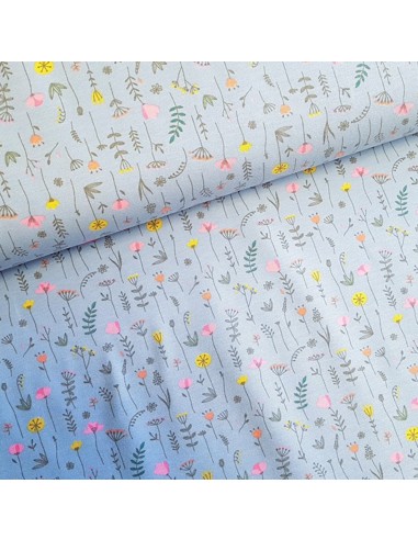 Tissu, Jersey de Coton Imprimé Fleurs, Bleu Ciel Champêtre, Laize 150 cm, Coton Stretch Oeko-Tex