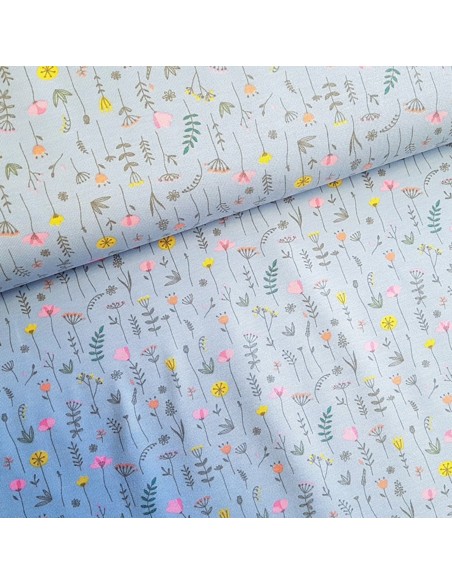Tissu, Jersey de Coton Imprimé Fleurs, Bleu Ciel Champêtre, Laize 150 cm, Coton Stretch Oeko-Tex