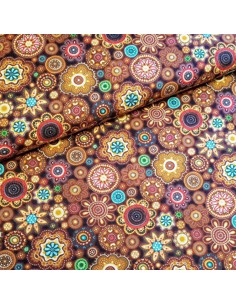 Tissu, Coton Patchwork à Symboles, Marron Multicolore, Laize 112 cm, 100% Coton