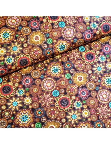 Tissu, Coton Patchwork à Symboles, Marron Multicolore, Laize 112 cm, 100% Coton