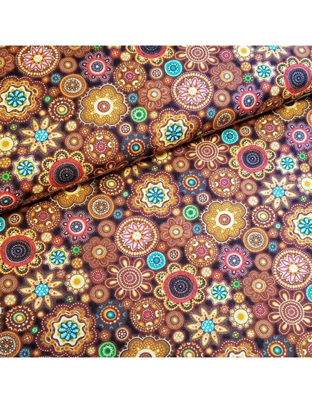 Tissu, Coton Patchwork à Symboles, Marron Multicolore, Laize 112 cm, 100% Coton