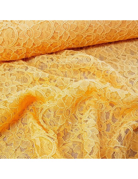 Tissu, Dentelle Fleurie, Orange Vif, Laize 140 cm, 45% Coton 55% Polyamide