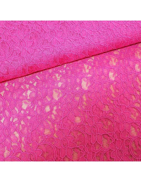 Tissu, Dentelle Fleurie, Rose Fushia, Laize 140 cm, 45% Coton 55% Polyamide