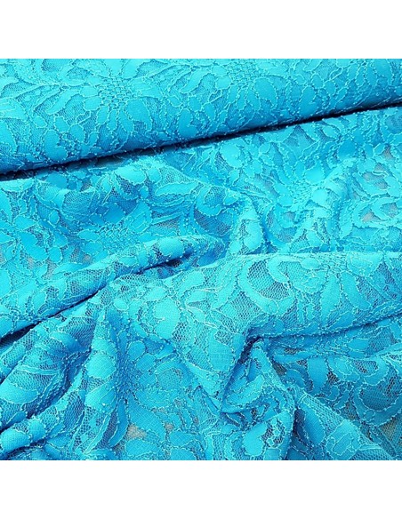 Tissu, Dentelle Stretch Fleurie, Bleu Turquoise, Laize 140 cm, Polyamide Spandex