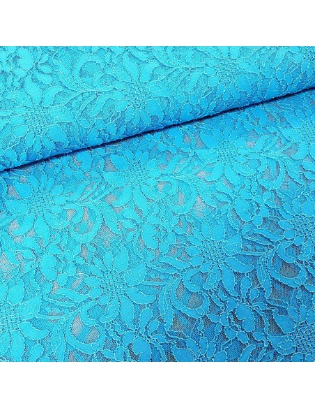Tissu, Dentelle Stretch Fleurie, Bleu Turquoise, Laize 140 cm, Polyamide Spandex