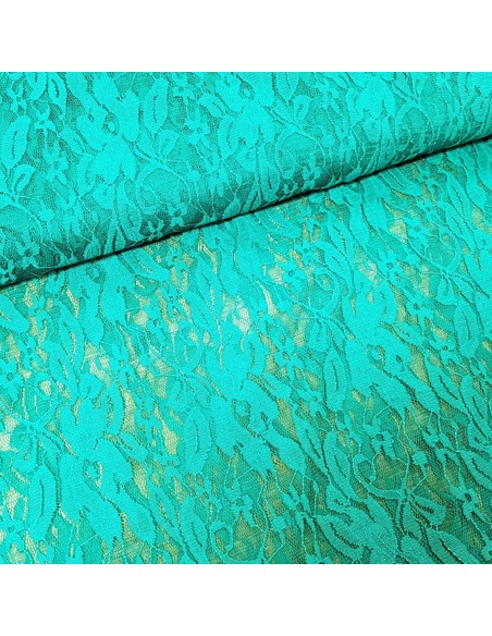 Tissu, Dentelle Stretch Fleurie, Vert Émeraude, Laize 150 cm, 100% Polyester
