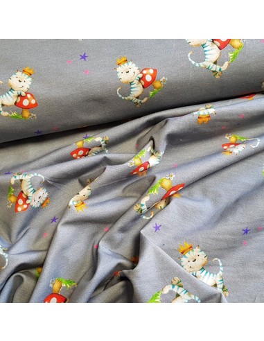 Tissu, Jersey de Coton Imprimé Chats Royaux, Gris, Laize 150 cm, Coton Stretch Oeko-Tex