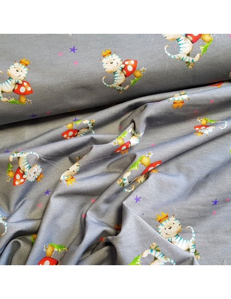 Tissu, Jersey de Coton Imprimé Chats Royaux, Gris, Laize 150 cm, Coton Stretch Oeko-Tex