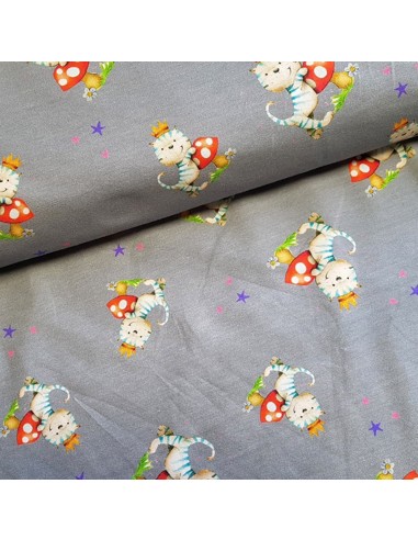 Tissu, Jersey de Coton Imprimé Chats Royaux, Gris, Laize 150 cm, Coton Stretch Oeko-Tex