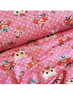 Tissu, Jersey de Coton Imprimé Petits Chats, Rose Poudré, Laize 150 cm, Coton Stretch Oeko-Tex 2