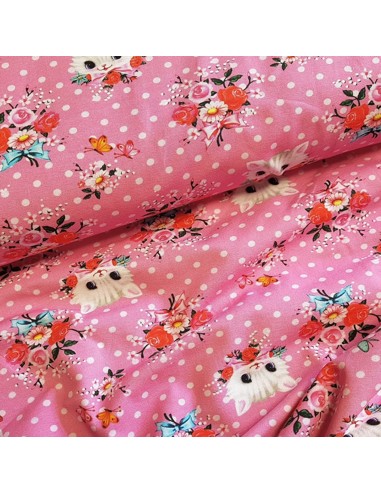 Tissu, Jersey de Coton Imprimé Petits Chats, Rose Poudré, Laize 150 cm, Coton Stretch Oeko-Tex