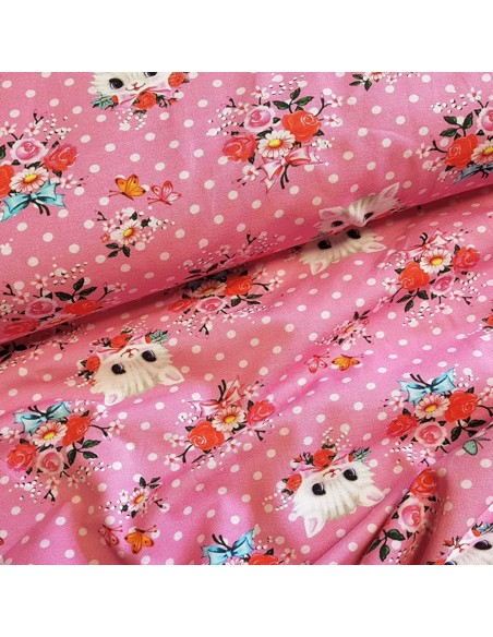 Tissu, Jersey de Coton Imprimé Petits Chats, Rose Poudré, Laize 150 cm, Coton Stretch Oeko-Tex