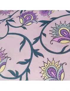 Tissu, Jersey de Coton Imprimé Fleuri Magique, Rose Poudré Solaire, Laize 150 cm, Coton Stretch Oeko-Tex 2